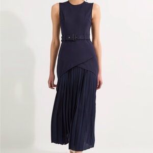 NWT - Karen Millen Ponte and Georgette Jersey Pleated Maxi Dress-Navy